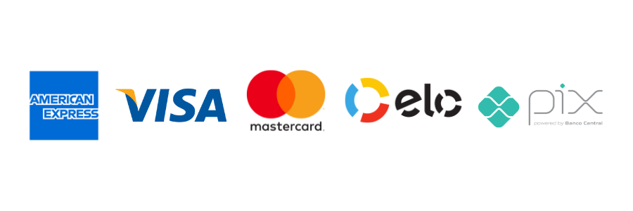 Formas de pagamento: American Express, Visa, Mastercard, Elo e Pix