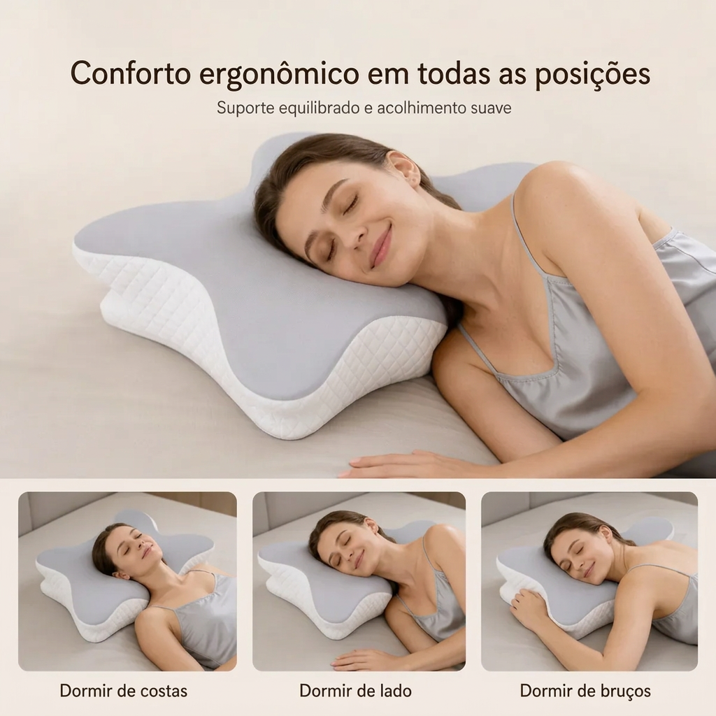 Travesseiro cervical usado em diferentes posições para dormir